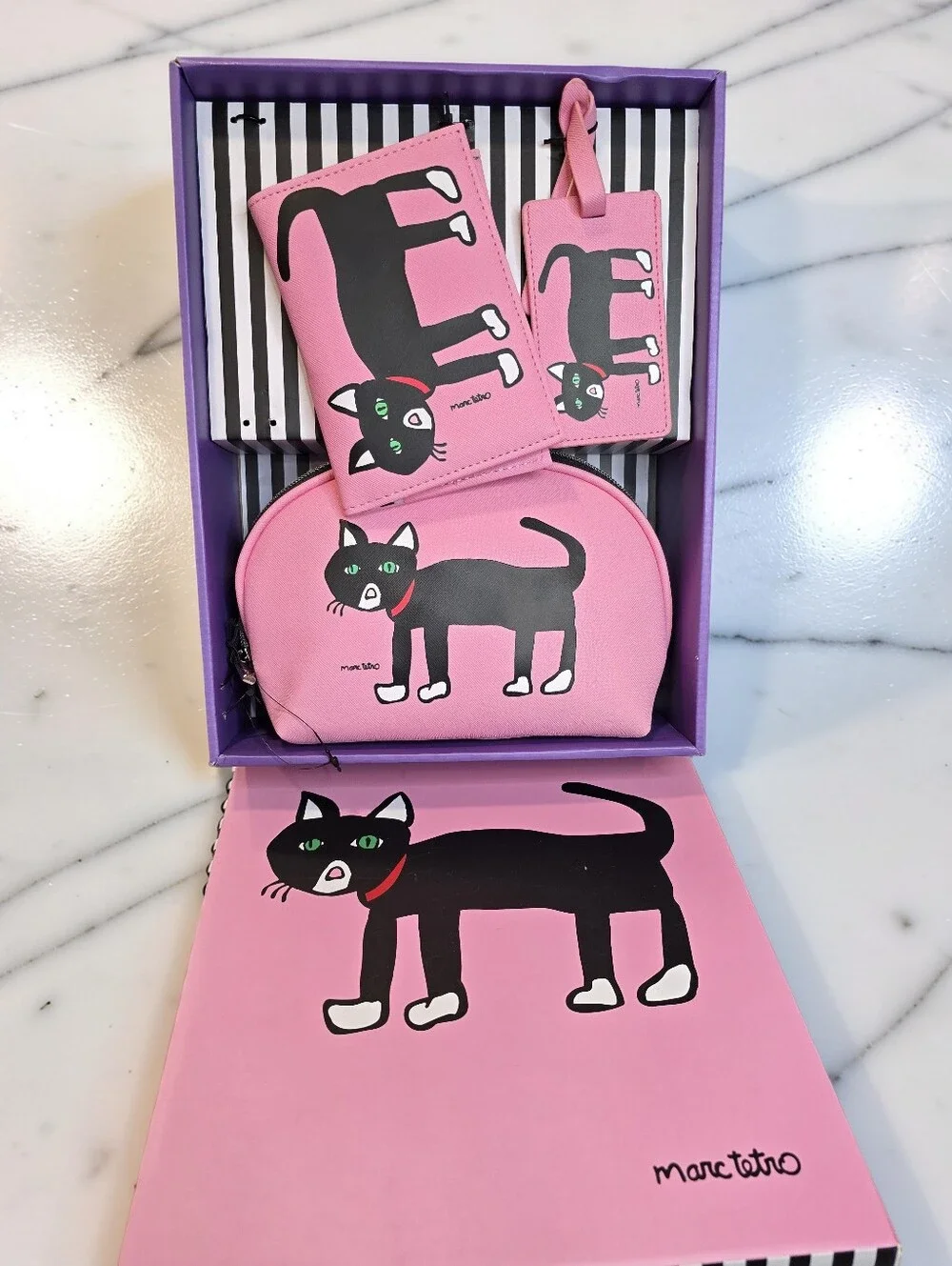 Marc Tetro 3-Piece Black Cat Pink Travel Gift Set Cosmetic Bag Card Wallet